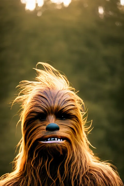 Image similar to photographic portrait of chewbacca with a balding head, cinematic photography, 35mm, evening light