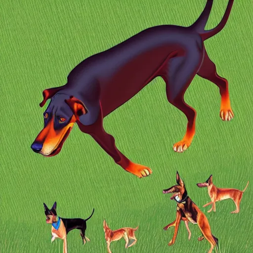 Prompt: doberman pinscher running in a grassy field style of geoff darrow veterinary medical diagram aerial horror 1 0 2 4 x 1 0 2 4