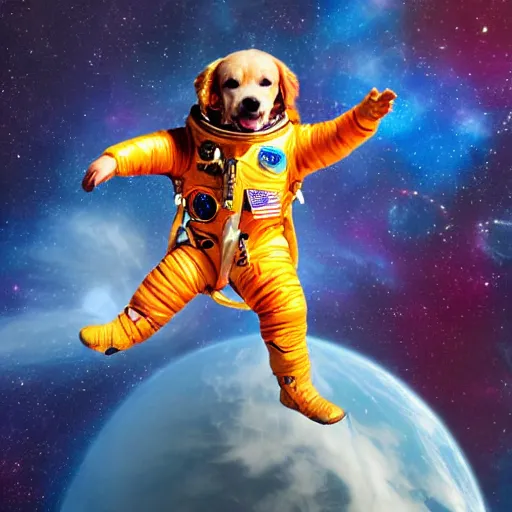 Prompt: realistic photograph of a golden retriever in a space suit doing a space walk, cheerful colors, vibrant