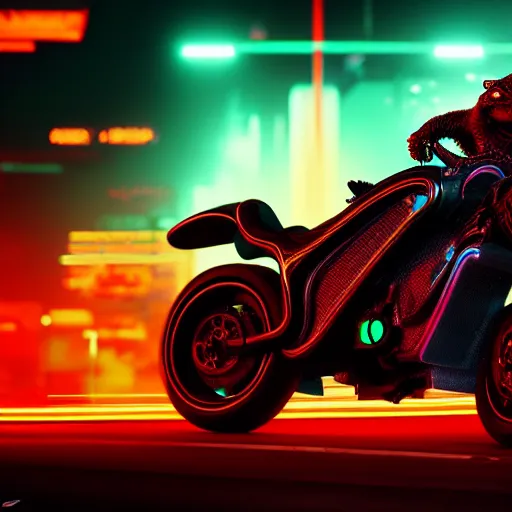 Image similar to portrait of a neon cyberpunk jaguar animal riding a motorcycle, octane render