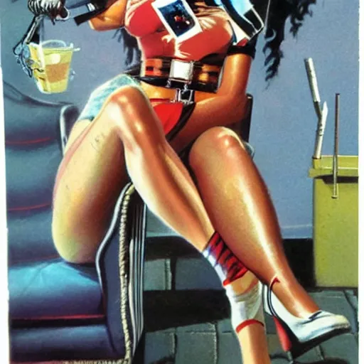 Image similar to Harley Quinn holding cigarette, artwork by Earl Norem,