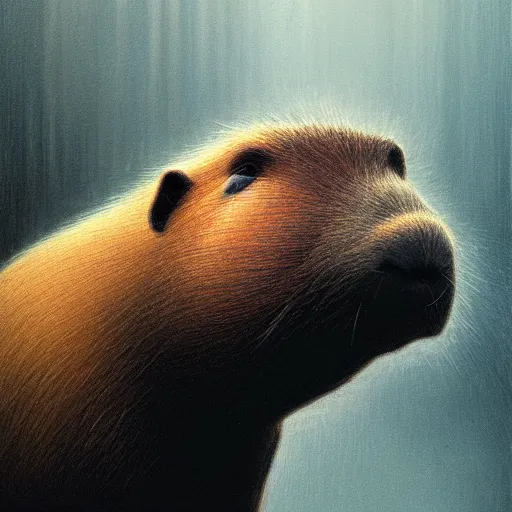 Image similar to a portrait of a capybara wearing a black hood, cloak covering face, anatomically correct, beautiful perfect face, enigmatic, oil painting, matte, black background, volumetric dynamic lighting, highly detailed, cinematic lighting, unreal engine, 8 k, hd, by beksinski