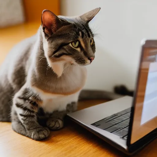 Image similar to a cat looking up cat videos on a computer using mouse with paw, 85mm f1.8