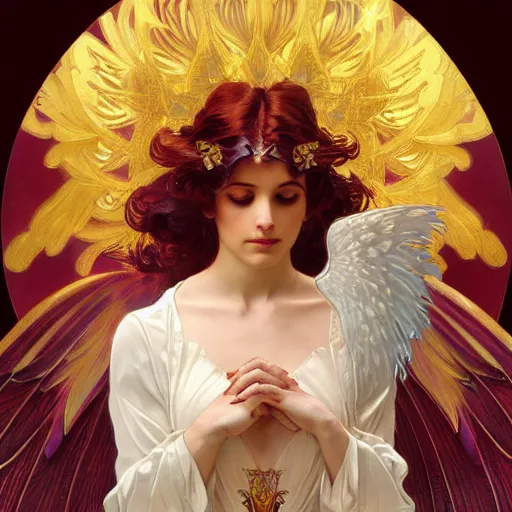 Prompt: a beautiful orchid phoenix angel woman, in an ornamented dress with large wings, volumetric light, god rays, 8 k high resolution, rubies, by alphonse mucha, artgerm, greg rutkowski