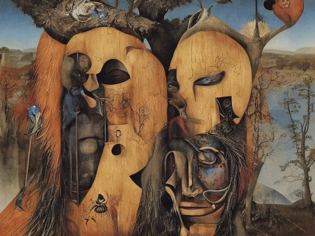 Image similar to Portrait of albino mystic with blue eyes, with wooden old shamanic totemic African archaic mask, sculpture. Painting by Bosch, Audubon, Rene Magritte, Agnes Pelton, Max Ernst, Walton Ford