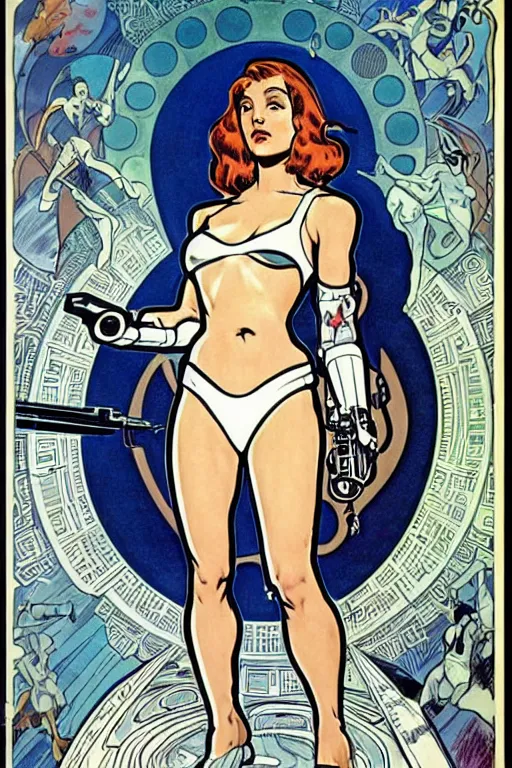 Image similar to female in white bikini with tattoos and stormtrooper helmet, well composed, clean elegant painting, beautiful detailed face. comic book art by steve ditko and jack kirby and ( alphonse mucha )