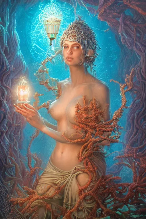 Image similar to a stunning ultra detailed underwater fantasy illustration of a goddess holding a glowing lamp, overgrown with colorful coral, by tomasz alen kopera, water bubbles, very detailed, deep depth of field, 5 0 mm lens, soft lighting, artstation, highly coherent, 8 k