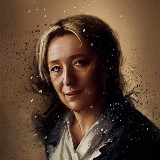 Image similar to Portrait of Marine le Pen , french revolution, heroic, amazing splashscreen artwork, splash art, head slightly tilted, natural light, elegant, intricate, fantasy, atmospheric lighting, cinematic, matte painting, detailed face, by Greg rutkowski