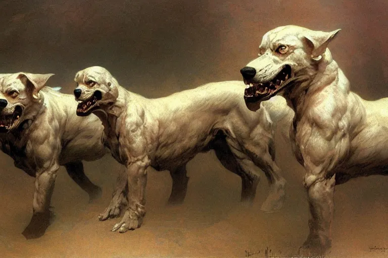 Image similar to hyperdetailed matte art of cerberus by ilya repin, amano, rene magritte, craig mullins