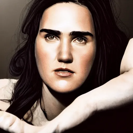 Image similar to overweight young Jennifer Connelly, realistic, photo studio, HDR, 8k, trending on artstation
