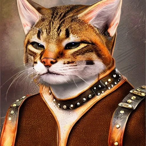 Image similar to d & d style, upper body portrait, tabaxi male, wearing studded leather