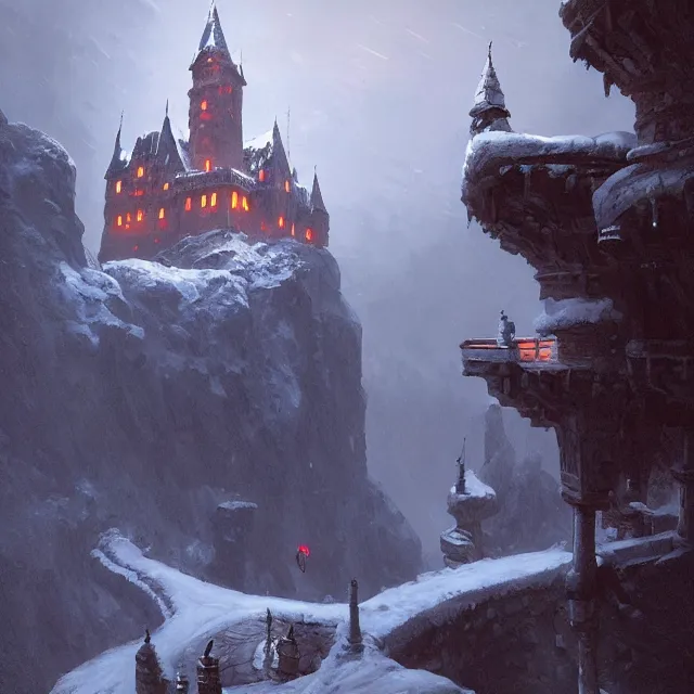 Image similar to a painting of a castle in the middle of a snowy mountain, a detailed matte painting by andreas rocha and greg rutkowski, featured on artstation, fantasy art, matte drawing, matte painting, artstation hq