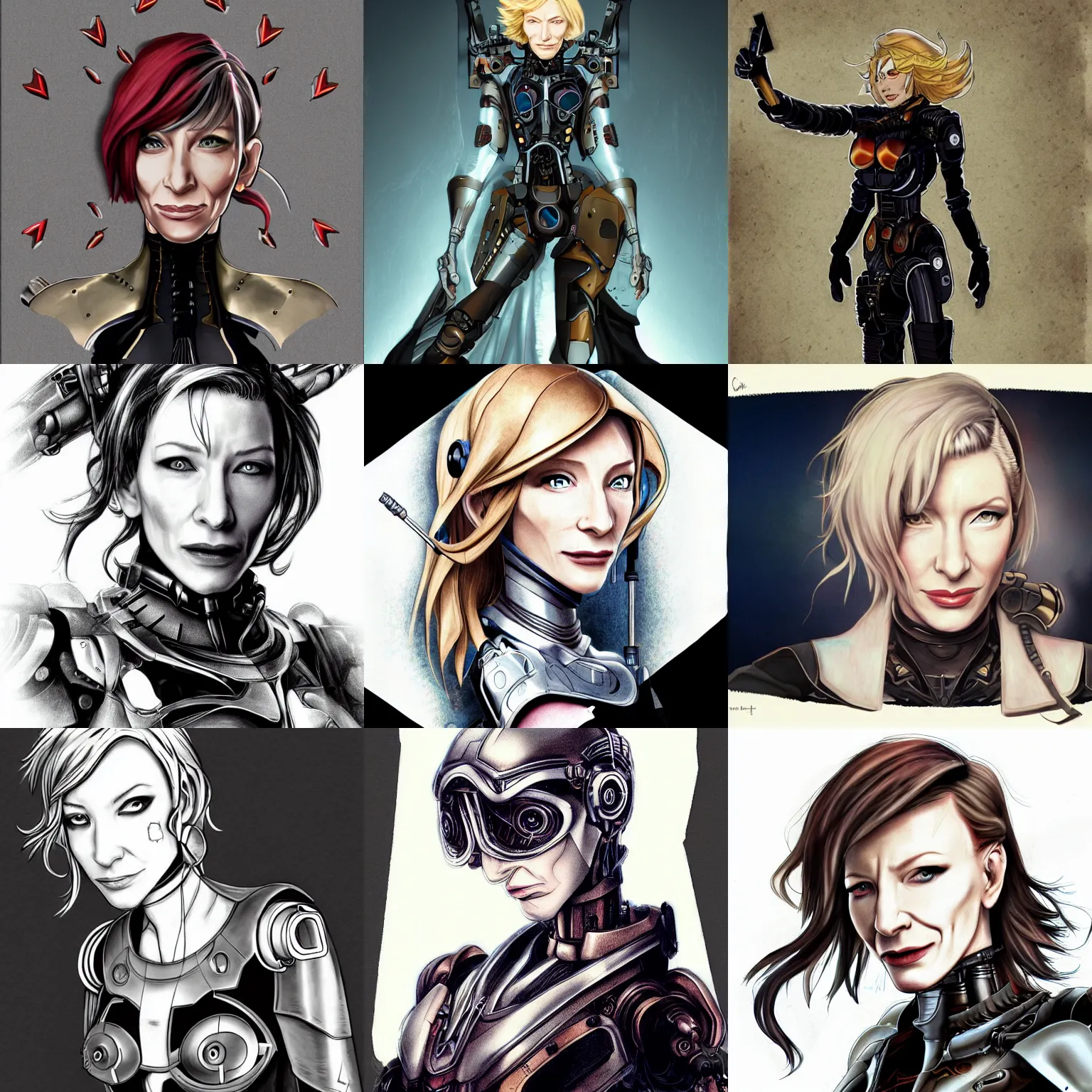 Image similar to cyborg cate blanchett, anime,drawing ,steampunk