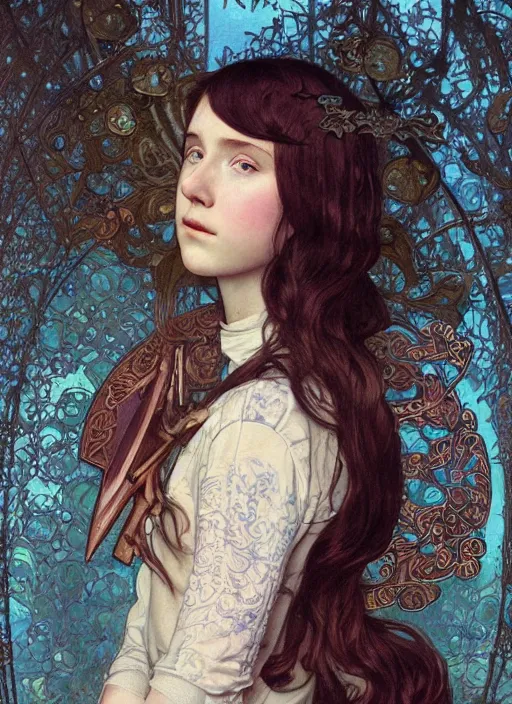 Prompt: realistic detailed painting of a 1 6 - year old girl who resembles millie bobby brown and saoirse ronan with a shy, blushing, coy expression wearing intricate, detailed, art nouveau chainmail plate armor with her arms behind her back by alphonse mucha, ayami kojima amano, charlie bowater, karol bak, greg hildebrandt