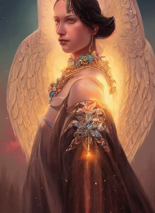 Image similar to A beautiful digital painting of a female angel full of jewels, princess, the moon behind her, intricate, cinematic lighting, highly detailed, digital painting, Artstation, concept art, smooth, sharp focus, illustration, art by Tom Bagshaw, Artgerm and Greg Rutkowski