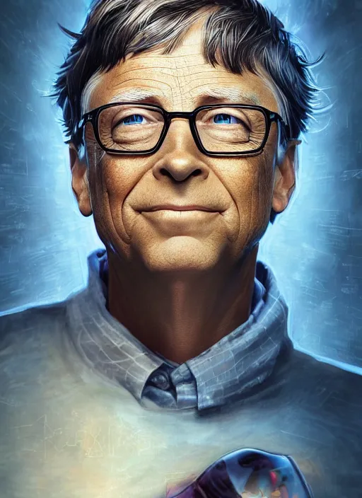 Image similar to bill gates, hyper detailed, digital art, trending in artstation, cinematic lighting, studio quality, smooth render, unreal engine 5 rendered, octane rendered, art style by klimt and nixeu and ian sprigger and wlop and krenz cushart.