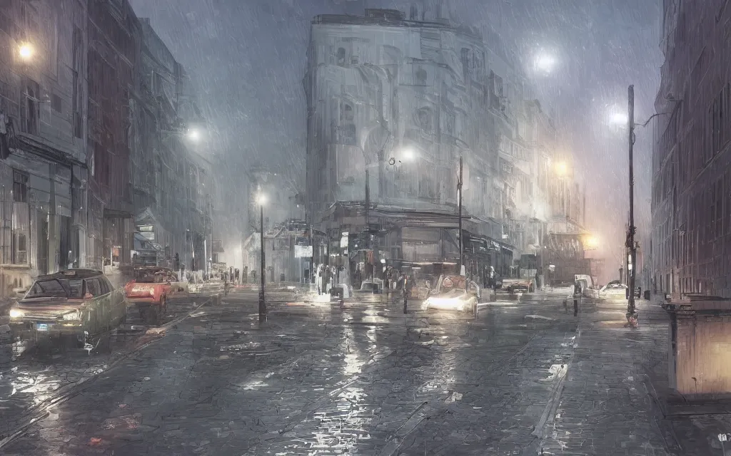 Image similar to concept art, wet helsinki street at night, in the style of grand theft auto gameplay