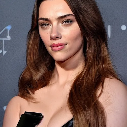 Image similar to a woman who is a genetic combination of kim kardashian and kat dennings and scarlett johansson and margot robbie and emma watson, face and upper - body focus