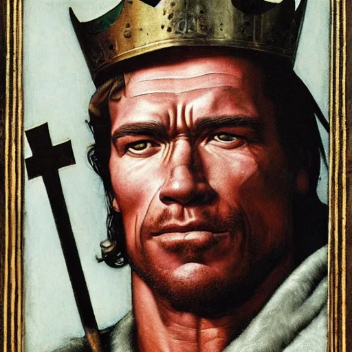 Image similar to portrait of Arnold Schwarzenegger as a medieval Crusader King of Jerusalem, by Angus McBride, Gentile Bellini, Piero della Francesca, and Arthur Rackham. HD face portrait.