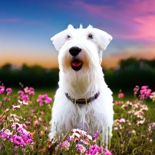 Prompt: white Schnauzer in a field full of flowers, with a sunset, photo realistic