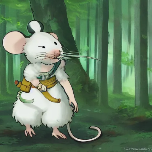 Prompt: an adventurous anthropomorphic white mouse wearing medieval clothing walking through a lush forest, cinematic, concept art, studio ghibli, brain froud