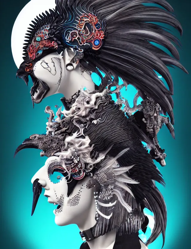 Image similar to 3 d goddess close - up profile portrait punk with mohawk with ram skull. beautiful intricately detailed japanese crow kitsune mask and clasical japanese kimono. betta fish, jellyfish phoenix, bio luminescent, plasma, ice, water, wind, creature, artwork by tooth wu and wlop and beeple and greg rutkowski