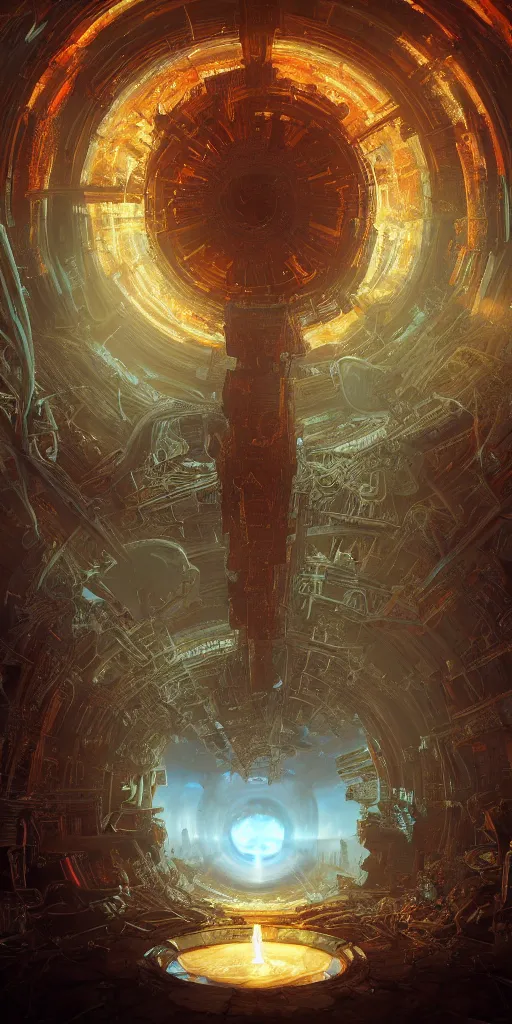 Prompt: a centered realistic render of a post apocalyptic portal surrounded by glowing fractals and ornate flowing light streams sacred geometry, by beeple, by donato giancola, unreal engine