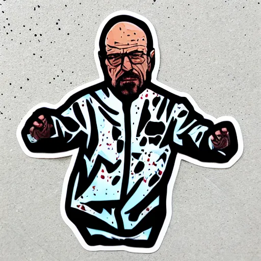 Image similar to die cut sticker, walter white breakdancing in techwear splatter paint