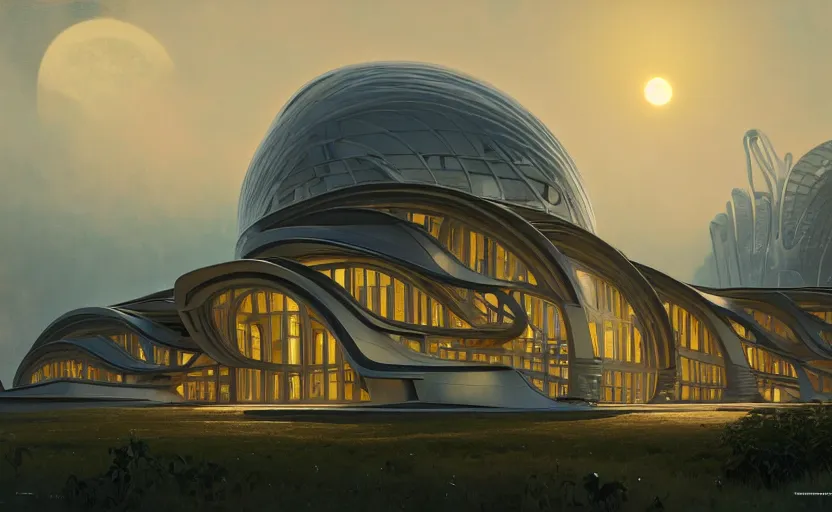 Image similar to exterior shot of utopian architecture laboratory with cinematic lighting by zaha hadid and renzo piano, darek zabrocki and greg ruthkowski, alphonse mucha, simon stalenhag, cinematic, symmetry, scifi, futurism, atmospheric, sunset, concept art, artstation, trending on artstation