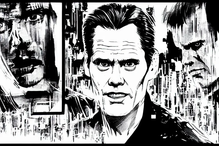 Prompt: jim carrey in the blade runner, a page from cyberpunk 2 0 2 0, style of paolo parente, style of mike jackson, adam smasher, johnny silverhand, 1 9 9 0 s comic book style, white background, ink drawing, black and white