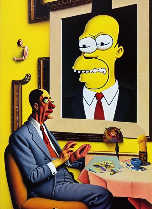 Prompt: surrealist portrait of homer simpson drawing himself by norman rockwell and salvador dali and rene magritte, 4 k