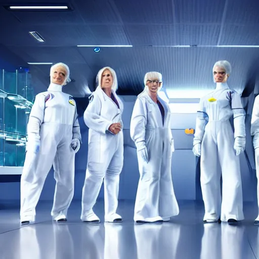 Image similar to line of six women of varying heights and body shapes, white hair, tight light blue neopren space uniforms, futuristic chemistry lab, sci - fi, highly detailed, cinematic