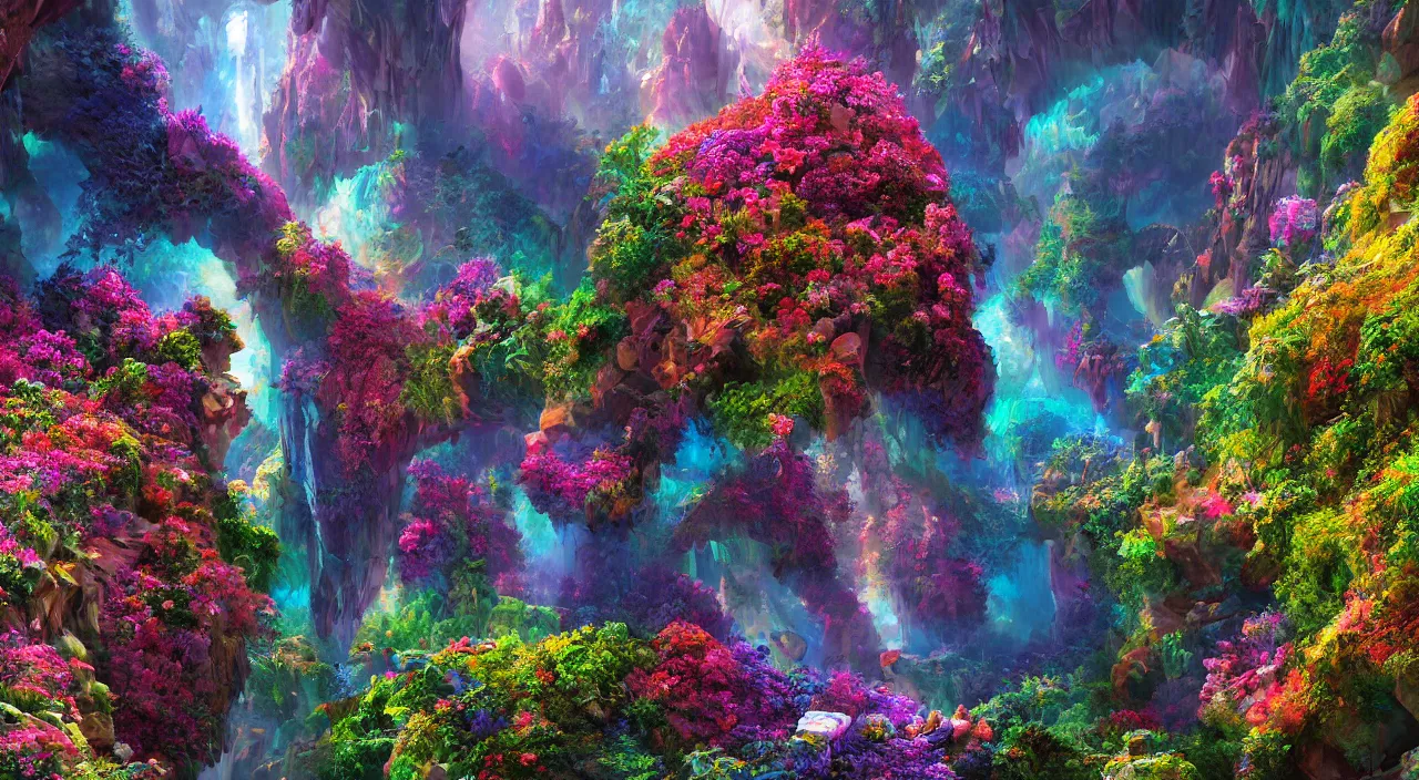 Image similar to biological crystallographic lattice bridging megastructure, in a canyon with flowers and lots of colors, by jack oliva - rendler, by glenn small, by albert bierstadt, photorealistic, zaha hadid, god rays, volumetric lighting, detailed, extremely intricate, raytrace, octane, light fog, neon