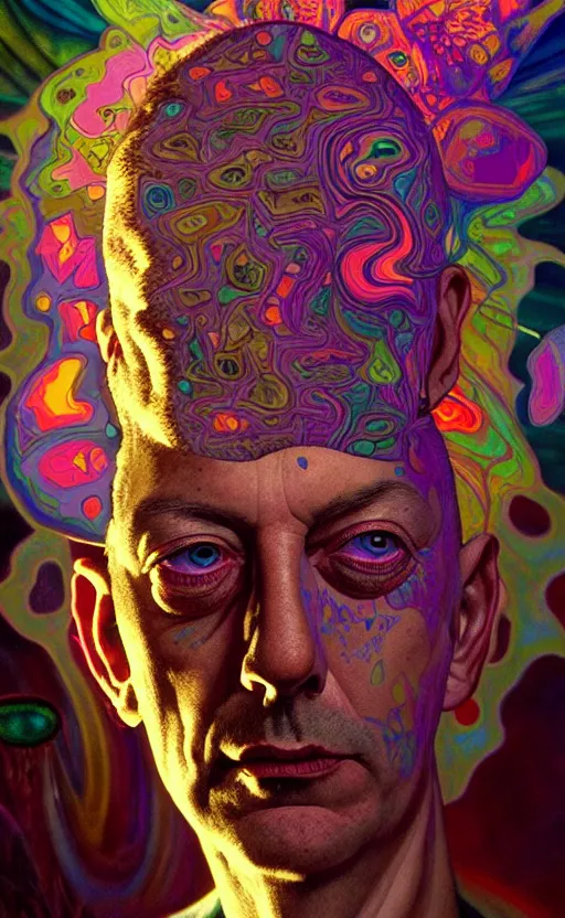 Image similar to An extremely psychedelic portrait of larry harvey, colorful, surreal, dramatic lighting, magic mushrooms, psilocybin, LSD, face, detailed, intricate, elegant, highly detailed, digital painting, artstation, concept art, smooth, sharp focus, illustration, art by Krenz Cushart and Artem Demura and alphonse mucha