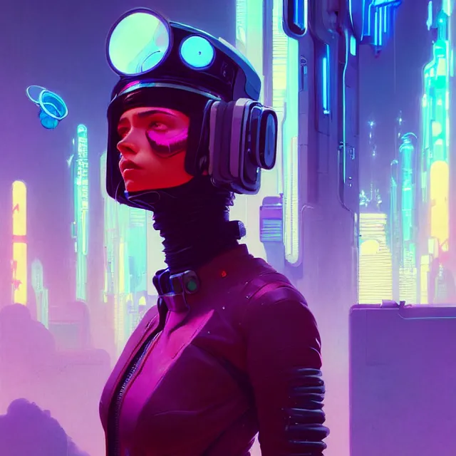 Prompt: a beautiful painting of a cyberpunk girl, 7 0 s sci fi by moebius and pascal blanche and josan gonzalez and greg rutkowski and sachin teng and ralph mcquarrie. in style of futurism art. brush stroke, vibrating colors, hyper detailed. 4 k texture. octane render. trending on artstation