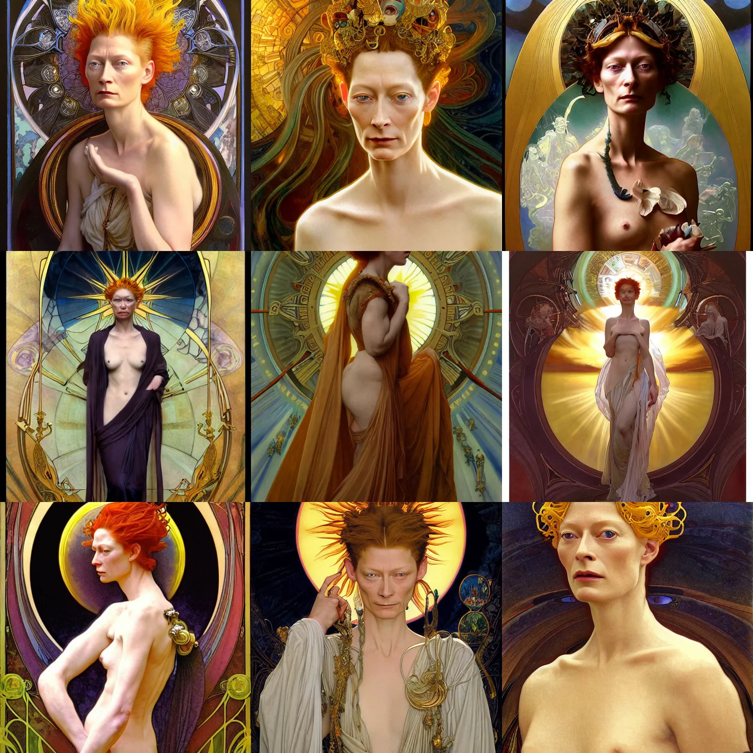 Prompt: stunning, breathtaking, awe-inspiring award-winning concept art nouveau painting of attractive Tilda Swinton as the goddess of the sun, with anxious, piercing eyes, by Alphonse Mucha, Michael Whelan, William Adolphe Bouguereau, John Williams Waterhouse, and Donato Giancola, cyberpunk, extremely moody lighting, atmospheric, cinematic, 8K