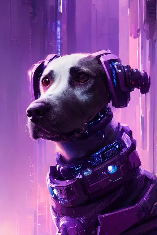 Image similar to a beautiful portrait of a cute cyberpunk dog by greg rutkowski and wlop, purple blue color scheme, digital art, highly detailed, fine detail, intricate, ornate, complex
