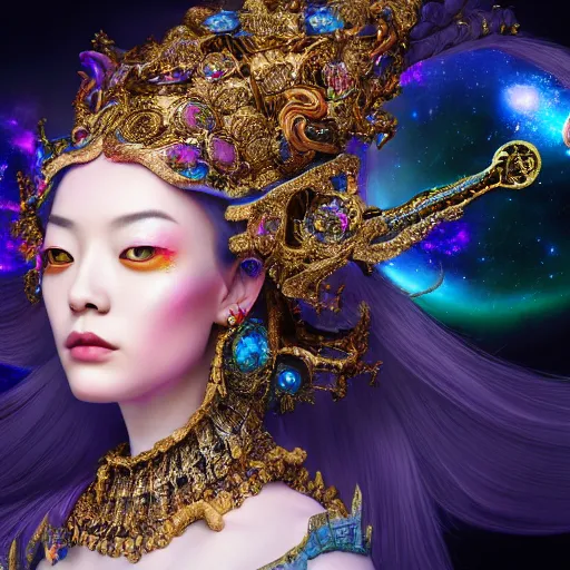 Image similar to a beautiful empress portrait, with a brilliant, impossible striking big cosmic galaxy headpiece, clothes entirely made out of cosmos chaos energy, symmetrical, dramatic studio lighting, rococo, baroque, jewels, asian, hyperrealism, closeup, D&D, fantasy, intricate, elegant, highly detailed, digital painting, artstation, octane render, 8k, concept art, matte, sharp focus, illustration, art by Artgerm and Greg Rutkowski and Alphonse Mucha