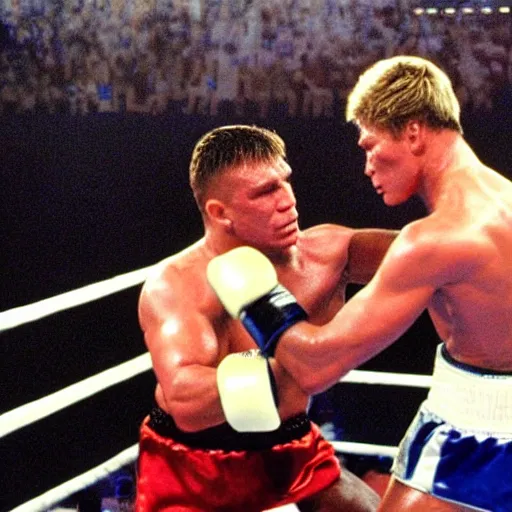 Prompt: mike tyson boxing ivan drago in a boxing ring in the movie rocky ii. movie still