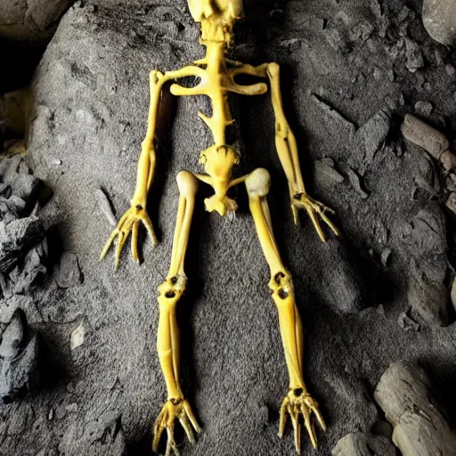 Image similar to humanoid made of translucent brown sludge full of animal bones, it has glowing yellow eyes, found in a cave made of clay, found footage, unsettling, flash photography,