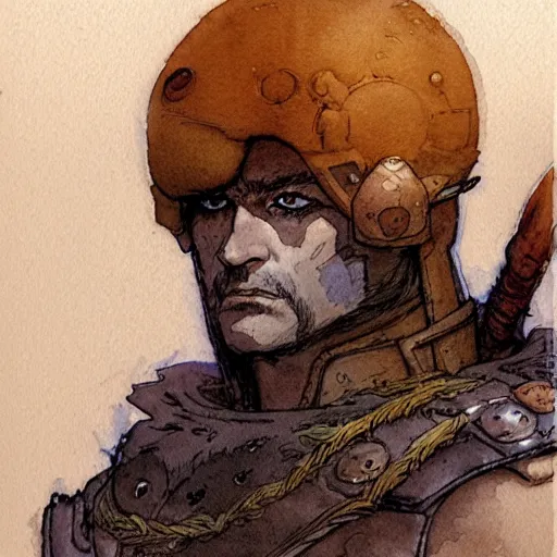 Image similar to a simple and atmospheric watercolour fantasy character concept art portrait of an android soldier with a pomeranian head as a druidic warrior wizard looking at the camera with an intelligent gaze, very muted colors, by rebecca guay, michael kaluta, charles vess and jean moebius giraud