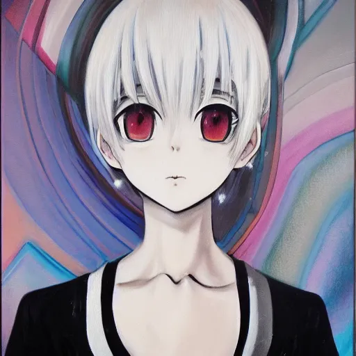 Image similar to Realistic oil painting of an anime girl with short white hair and black eyes wearing tuxedo in the style of Yoshitaka Amano, abstract black and white background with lines, Renaissance oil painting