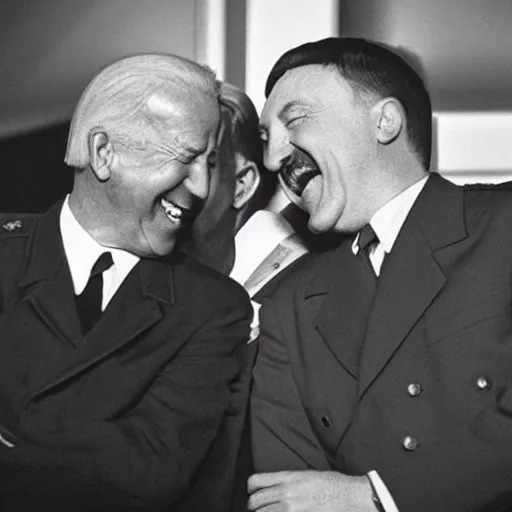 Image similar to “ very photorealistic photo of hitler and joe biden laughing together, award - winning details ”