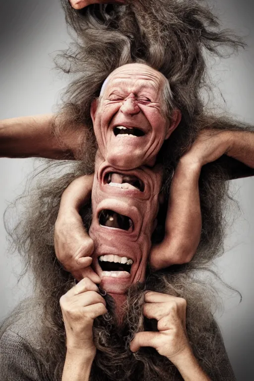 Image similar to a old laughing old man with 3 heads and 6 eyes, long hair, hanging upsidedown by annie leibovitz
