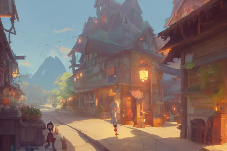 Image similar to fantasy town novigrad, cory loftis, james gilleard, atey ghailan, makoto shinkai, goro fujita, studio ghibli, rim light, exquisite lighting, clear focus, very coherent, plain background, soft painting