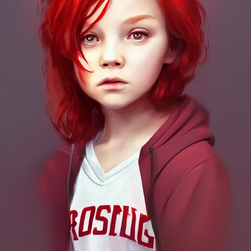 Image similar to a cute tiny girl with short red hair wearing a hoodie, digital art, very beautiful face, pretty face, very detailed eyes, full body illustration, 8 k resolution, soft painting, by greg rutkowski, wlop, rossdraws,