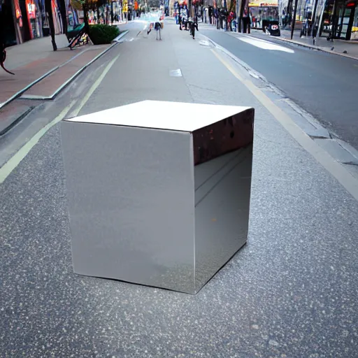 Prompt: big metal reflective perfect cube in the middle of the street