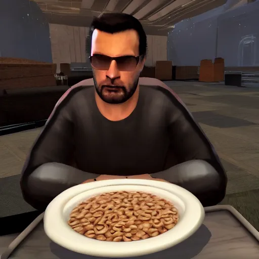 Image similar to jc denton from deus ex videogame eats cereal at a table near liberty island