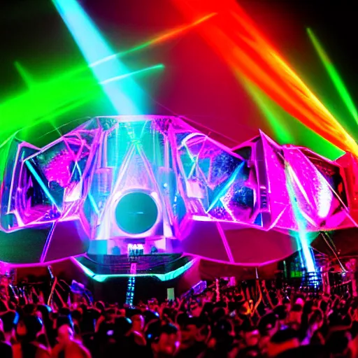 Image similar to hyper-futuristic hologram dj rave from the future. huge music festival. gigantic speakers with lasers and lights. photorealistic 35mm 4k