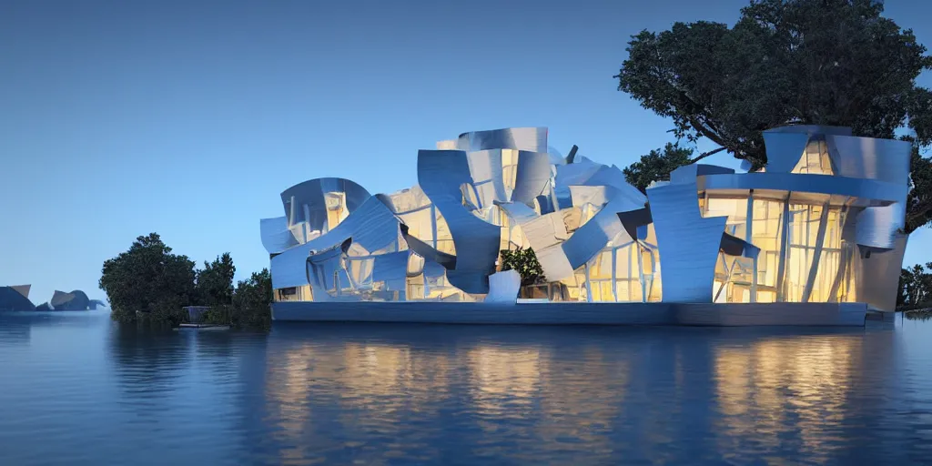 Image similar to sustainable floating architecture by frank gehry, curve, beautiful landscape, night view, flurry, 8 k, with furniture, octan render, unreal 5